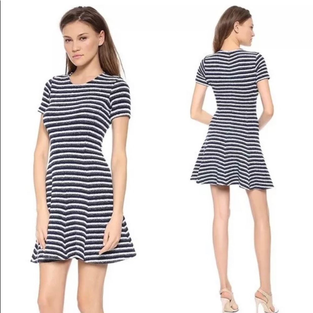 Theory Albita Guarda SZ 8 Navy Blue White Stripe Knit Blend Fit Flare Dress